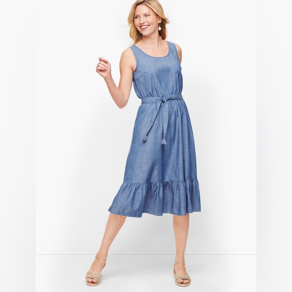NWT Talbots Sleeveless Chambray Flounce Hem Dress Size 12 Modern Classic Coastal